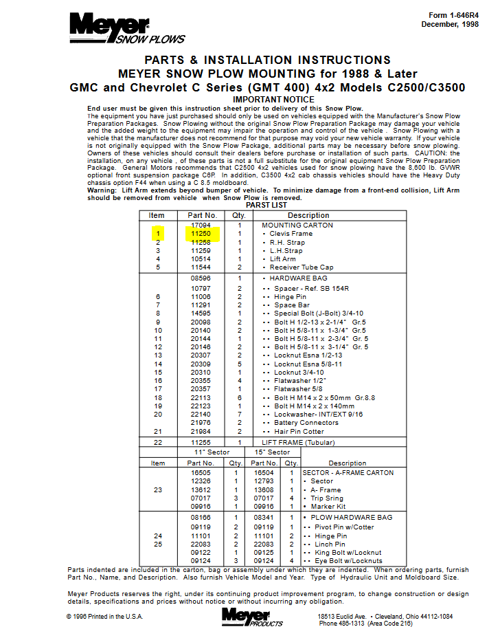 SNOW-076 | SNOW-076 Meyer GMC Chevrolet C Series Mounting Carton Clevis Frame Meyer Snow  DIA .PNG